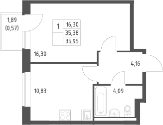 Планировка: 1-комнатная квартира 35,4 м² в ЖК «Новое Видное»