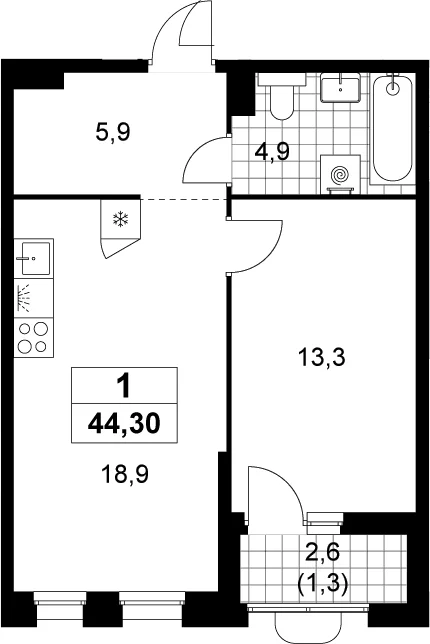 Планировка: Евродвушка 43 м² в ЖК «Прокшино»