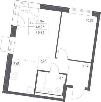 Планировка: Евродвушка 40,9 м² в ЖК «Квартал Западный»