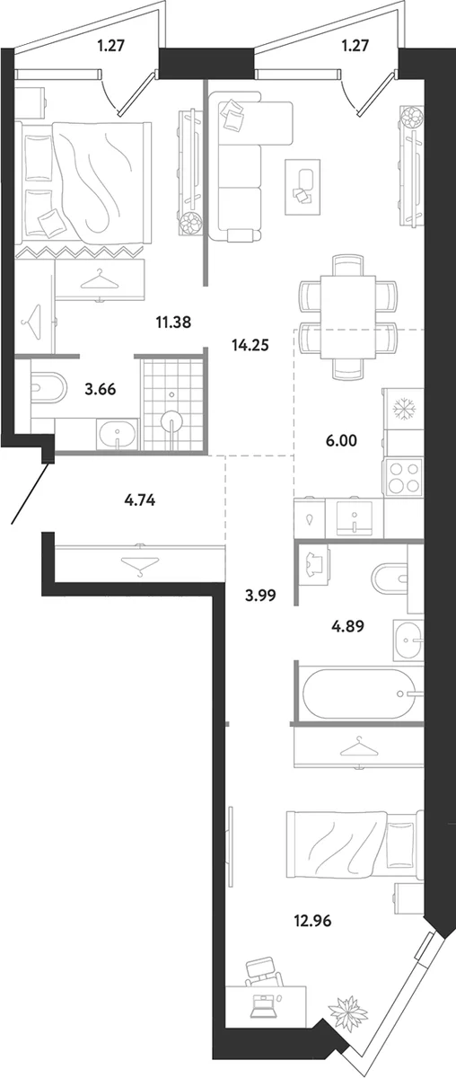 Планировка: 2-комнатная квартира 61,9 м² в ЖК «Ридж»