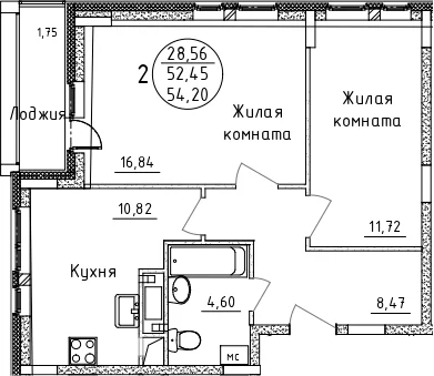 Планировка: 2-комнатная квартира 52,5 м² в ЖК «Дом Союзов»