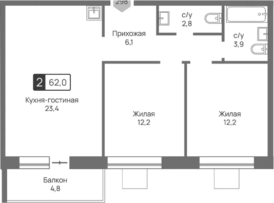 Планировка: Евротрёшка 60,6 м² в ЖК «Отрада 3»