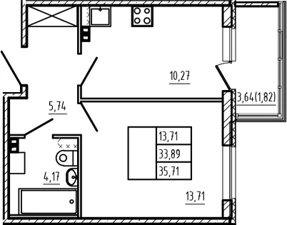 Планировка: 1-комнатная квартира 33,9 м² в ЖК «Новая история»