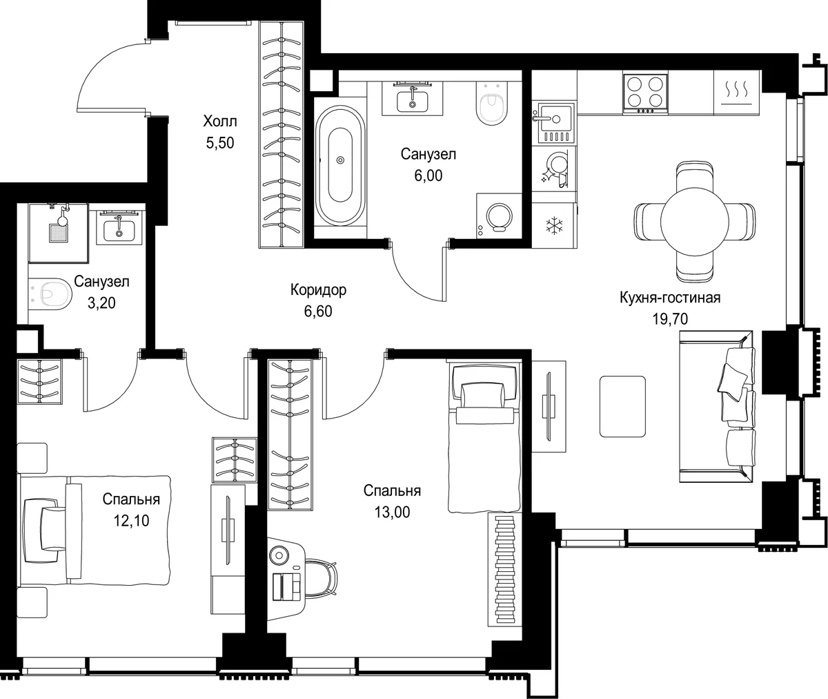 Планировка: Евротрёшка 66,1 м² в ЖК «СИТИДЗЕН»