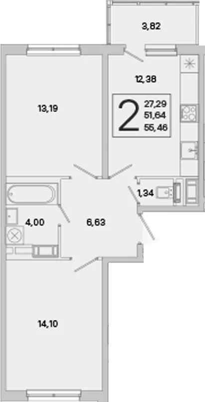Планировка: 2-комнатная квартира 51,6 м² в ЖК «ЮгТаун. Олимпийские кварталы»