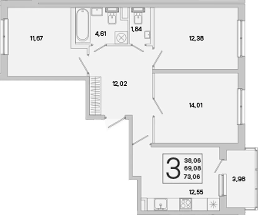 Планировка: 3-комнатная квартира 69,1 м² в ЖК «ЮгТаун. Олимпийские кварталы»