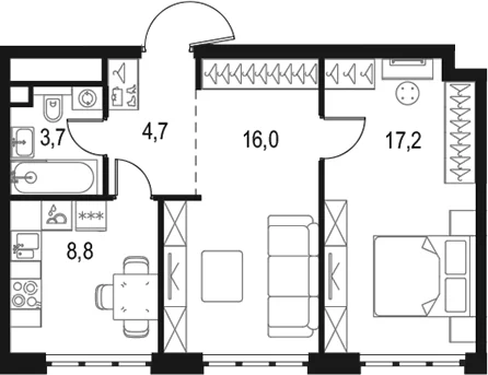 Планировка: 2-комнатная квартира 50,4 м² в ЖК «Левел Южнопортовая»