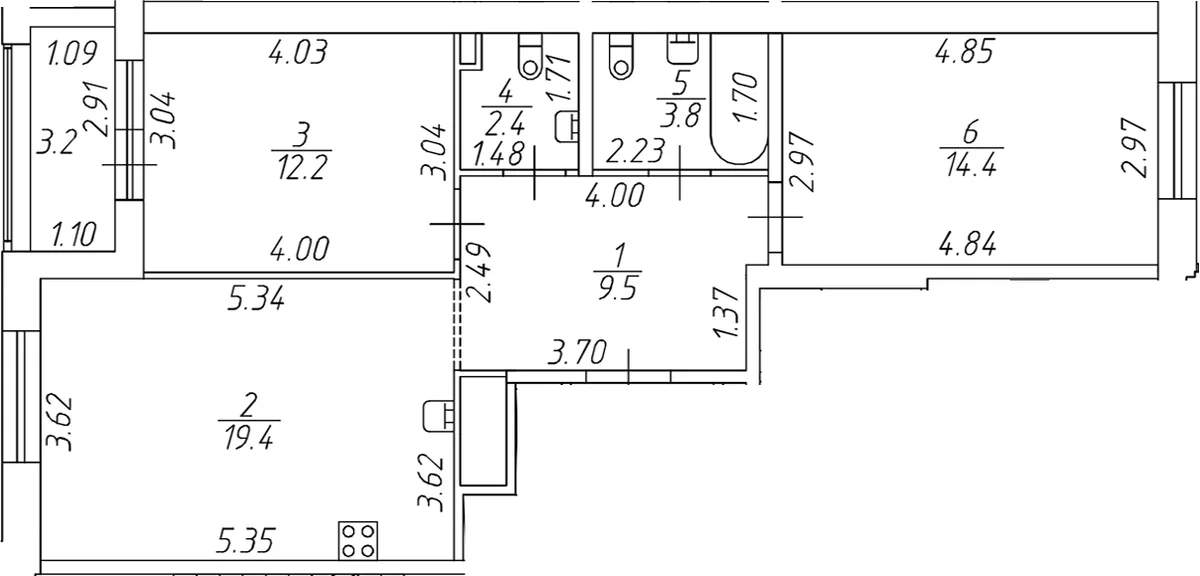 Планировка: Евротрёшка 61,7 м² в ЖК «Респект»
