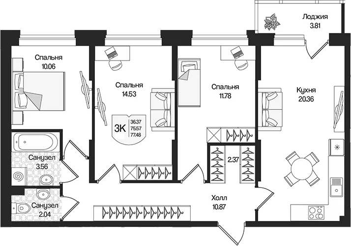 Планировка: 3-комнатная квартира 75,6 м² в ЖК «Охтинские высоты»