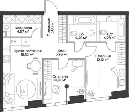 Планировка: Евротрёшка 58,7 м² в ЖК «Гранд Фили»