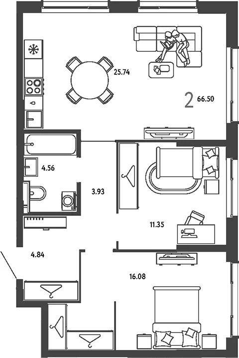 Планировка: 2-комнатная квартира 66,5 м² в ЖК «Страна.Парковая»