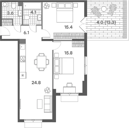 Планировка: Евротрёшка 69,8 м² в ЖК «ПаркСайд»