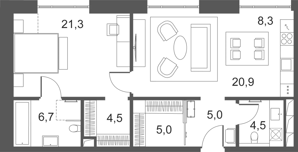 Планировка: Евродвушка 76,2 м² в ЖК «Клубные особняки Ильинка 3/8»
