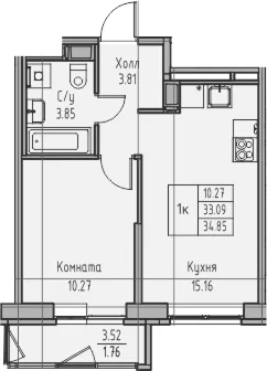 Планировка: Евродвушка 33,1 м² в ЖК «Юнтолово»