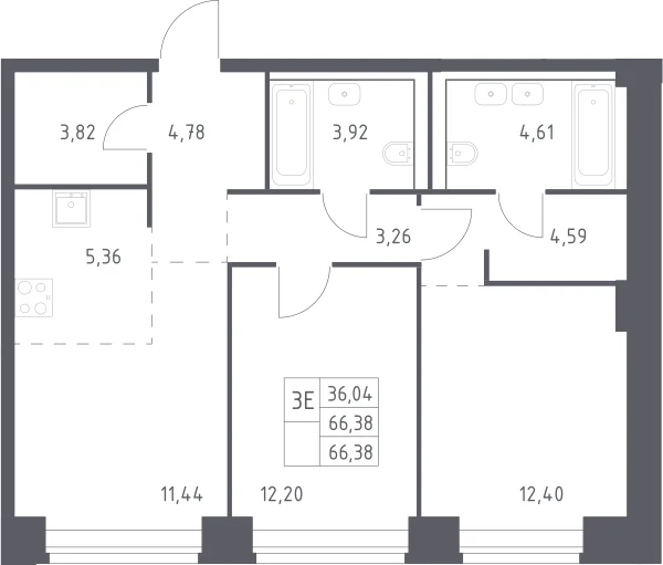 Планировка: Евротрёшка 66,4 м² в ЖК «НОВА»