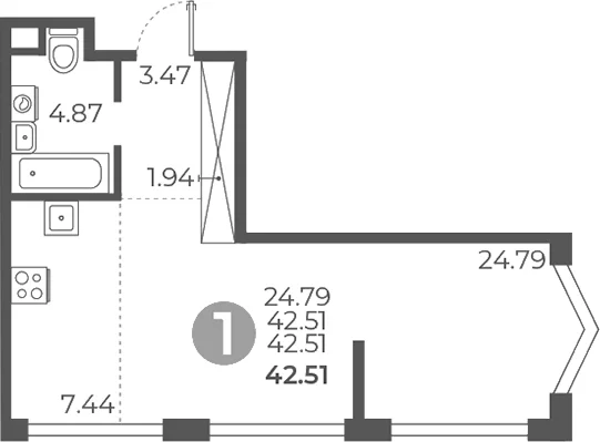 Планировка: Студия 42,5 м² в ЖК «Мневники от Гранель»