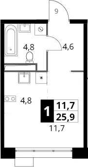 Планировка: Студия 25,9 м² в ЖК «1-й Саларьевский»