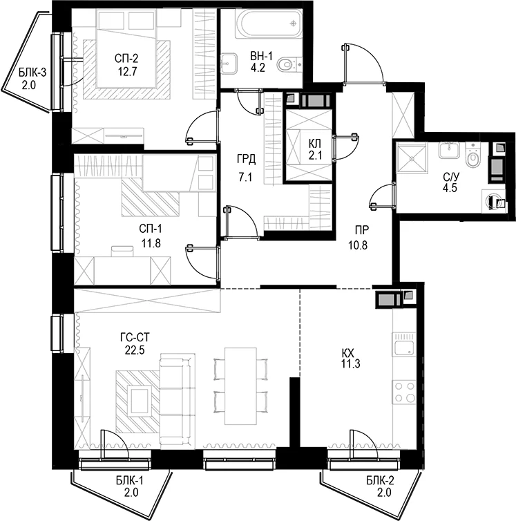 Планировка: 3-комнатная квартира 87 м² в ЖК Трилогия «Кристалл»