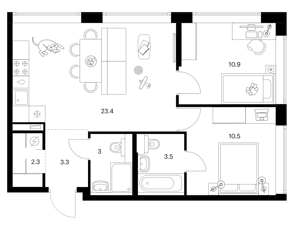 Планировка: 2-комнатная квартира 56,9 м² в ЖК «Бусиновский парк»