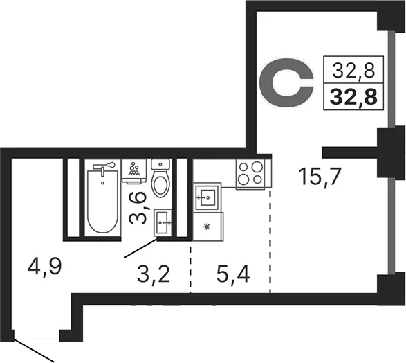 Планировка: Студия 32,8 м² в ЖК «Бестселлер»