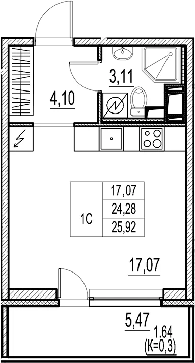 Планировка: Студия 24,3 м² в ЖК «Город-спутник Южный»