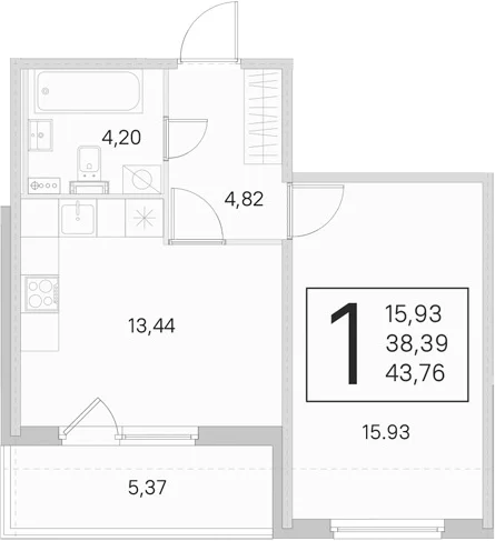 Планировка: 1-комнатная квартира 38,4 м² в ЖК «Любоград в Стрельне»