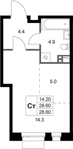 Планировка: Студия 28,6 м² в ЖК «Кореневский Форт 2.3»