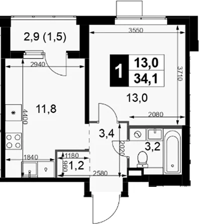 Планировка: 1-комнатная квартира 32,6 м² в ЖК «1-й Химкинский»