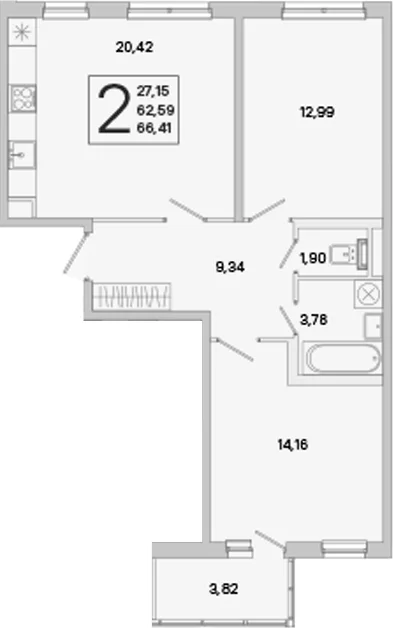 Планировка: Евротрёшка 62,6 м² в ЖК «ЮгТаун. Олимпийские кварталы»