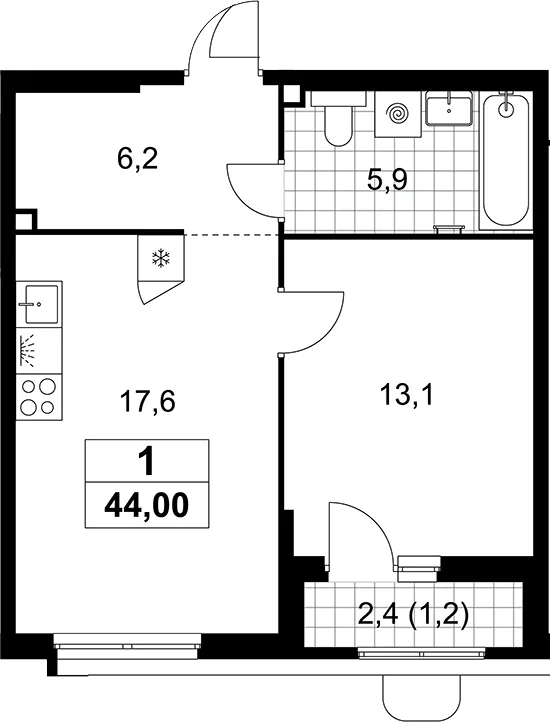 Планировка: Евродвушка 42,8 м² в ЖК «Прокшино»