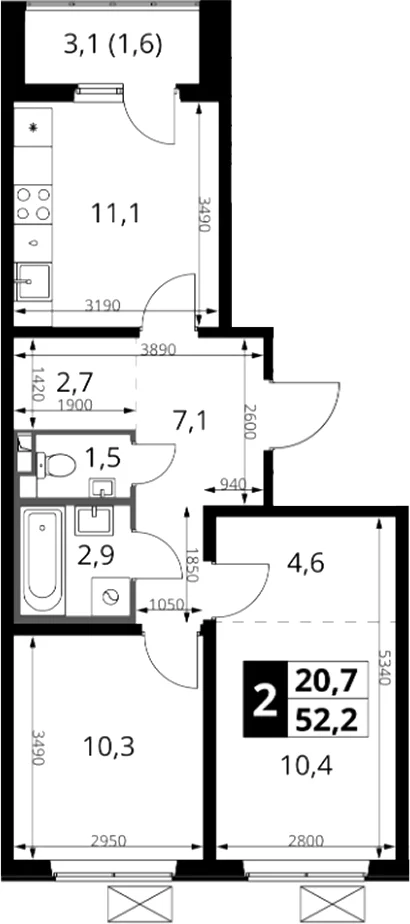 Планировка: 2-комнатная квартира 50,6 м² в ЖК «1-й Южный»