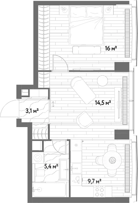 Планировка: Евродвушка 48,6 м² в ЖК «С5»