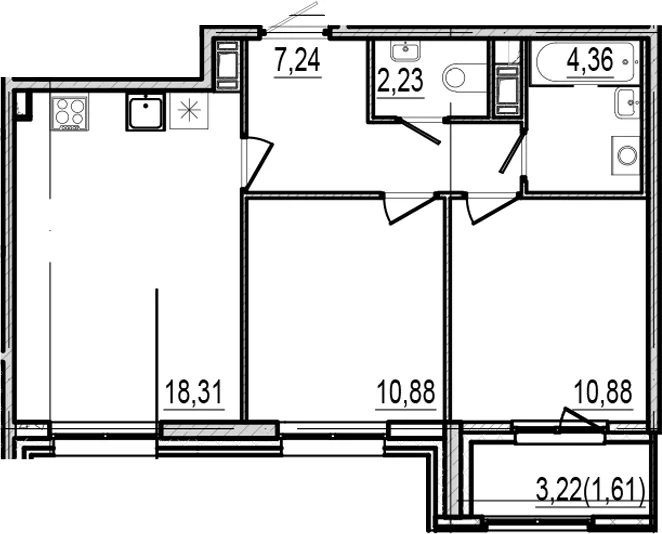 Планировка: 2-комнатная квартира 53,9 м² в ЖК «Оптимист»