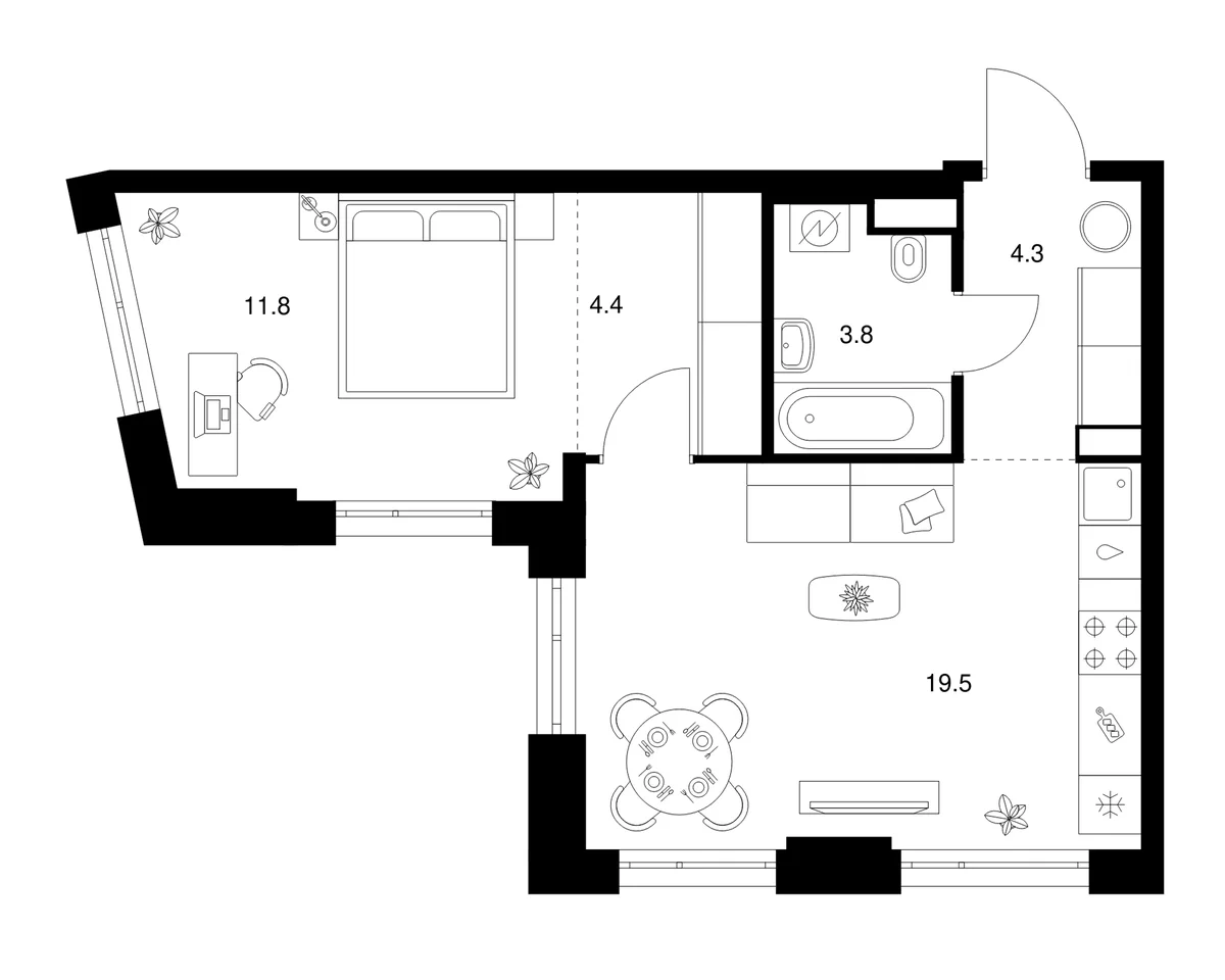Планировка: 1-комнатная квартира 43,8 м² в ЖК «2-й Иртышский»