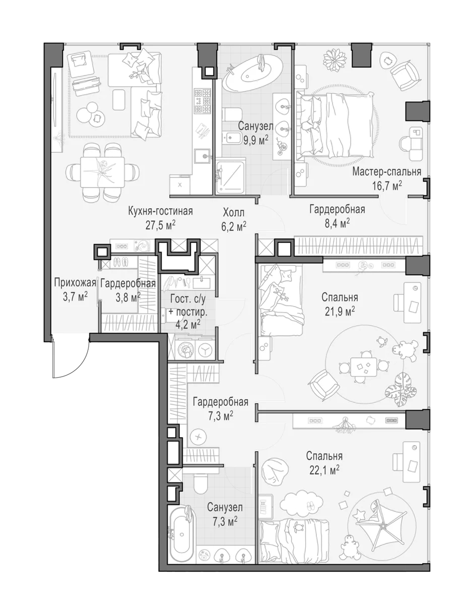 Планировка: Квартира евро-4 138,3 м² в ЖК «Квартал Life Time»