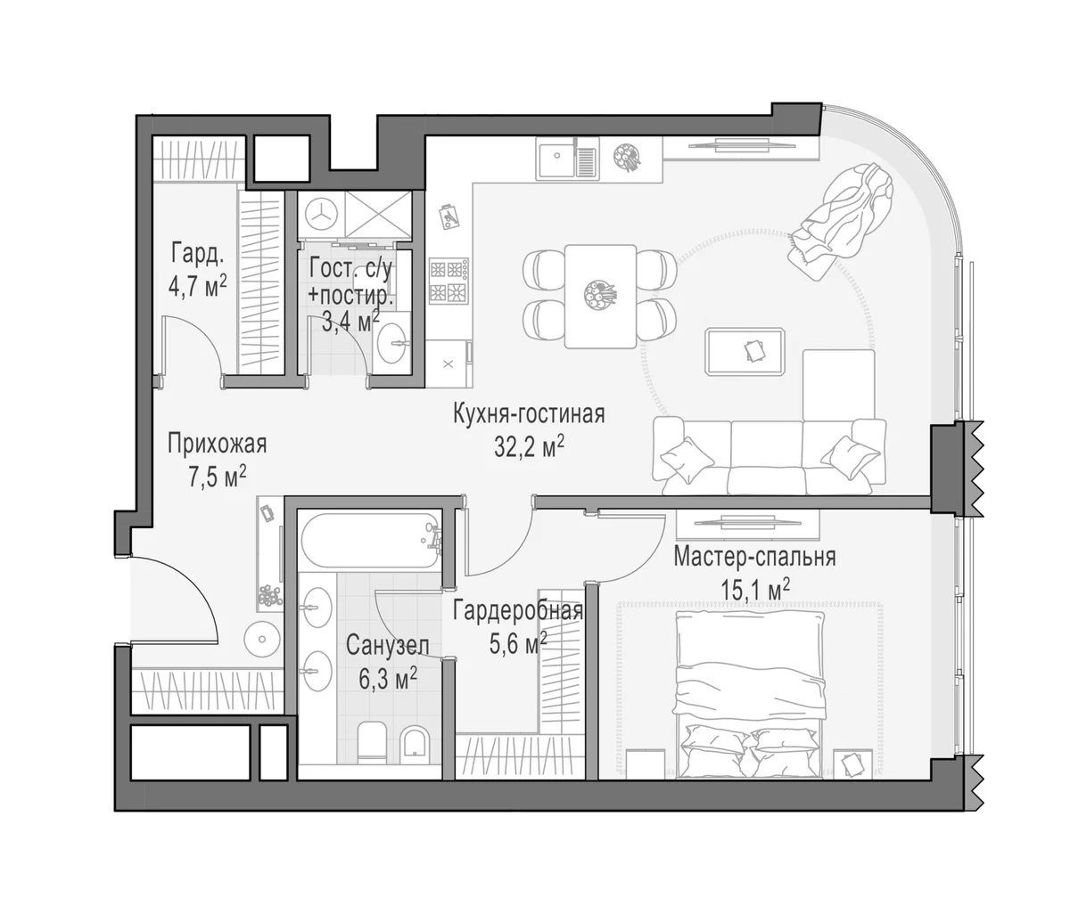 Планировка: 1-комнатная квартира 74,7 м² в ЖК «Дом Лаврушинский»