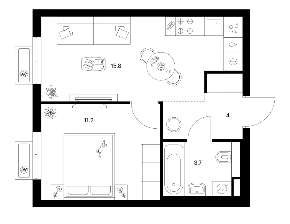 Планировка: 1-комнатная квартира 34,7 м² в ЖК «Ярославский»