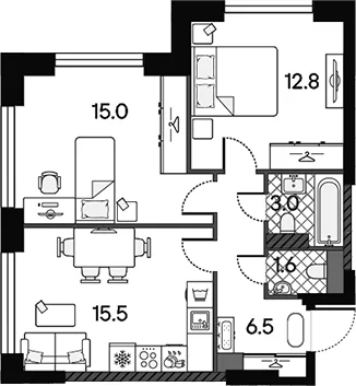 Планировка: Евротрёшка 54,4 м² в ЖК «МАРК»