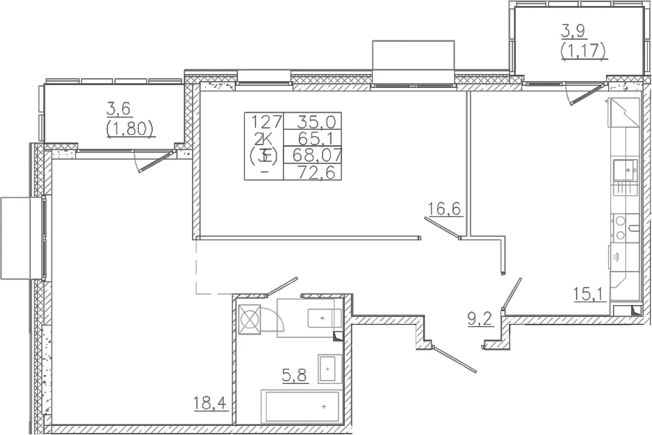 Планировка: Евротрёшка 65,1 м² в ЖК «Лисино»