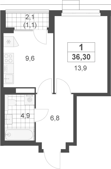 Планировка: 1-комнатная квартира 35,2 м² в ЖК «Скандинавия»
