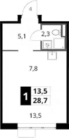 Планировка: Студия 28,7 м² в ЖК «1-й Донской»