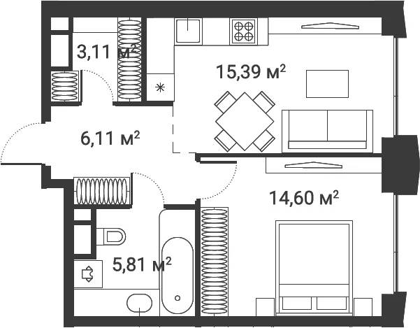 Планировка: 1-комнатная квартира 45 м² в ЖК «Первый Нагатинский»