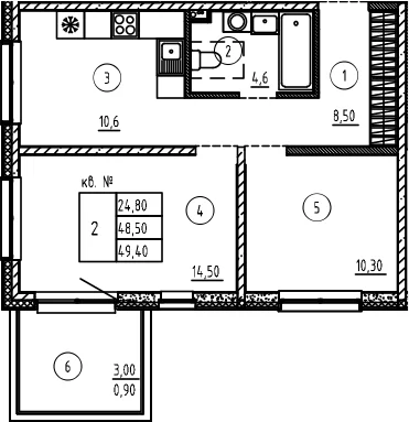 Планировка: 2-комнатная квартира 48,5 м² в ЖК «Плюс Пулковский»