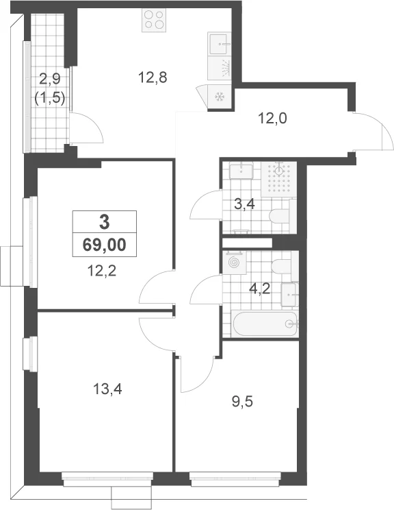 Планировка: 3-комнатная квартира 67,5 м² в ЖК «Скандинавия»