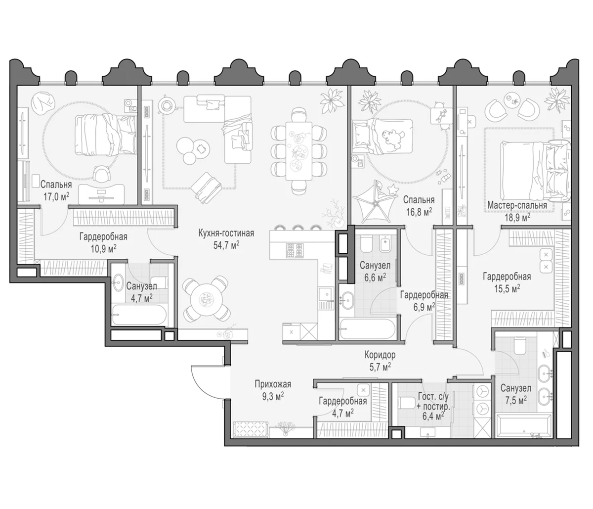 Планировка: Квартира евро-4 187,4 м² в ЖК «Клубный квартал Фрунзенский»