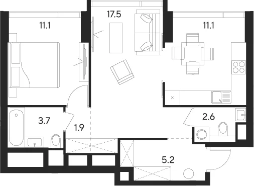 Планировка: 2-комнатная квартира 53,1 м² в ЖК «Инди Тауэрз от Аквилон»