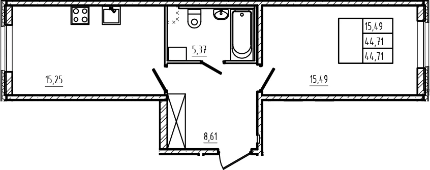 Планировка: Евродвушка 44,7 м² в ЖК «Новая история»