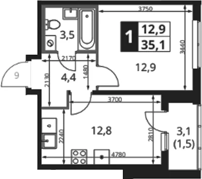 Планировка: 1-комнатная квартира 34,2 м² в ЖК «1-й Ясеневский»