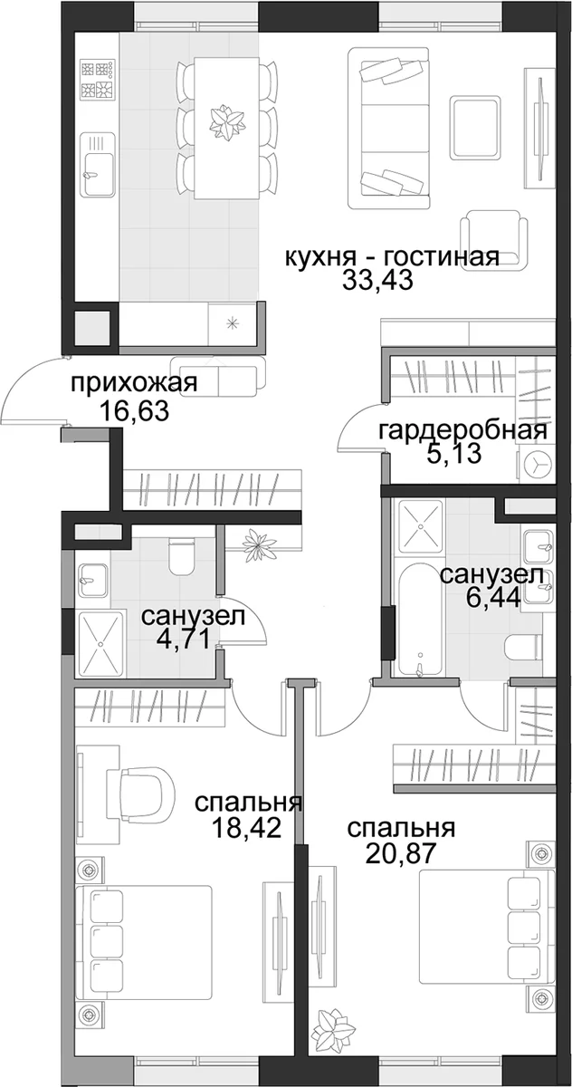 Планировка: Евротрёшка 105,6 м² в ЖК «Садовническая, 69»
