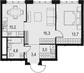 Планировка: 2-комнатная квартира 51,2 м² в ЖК «Левел Южнопортовая»